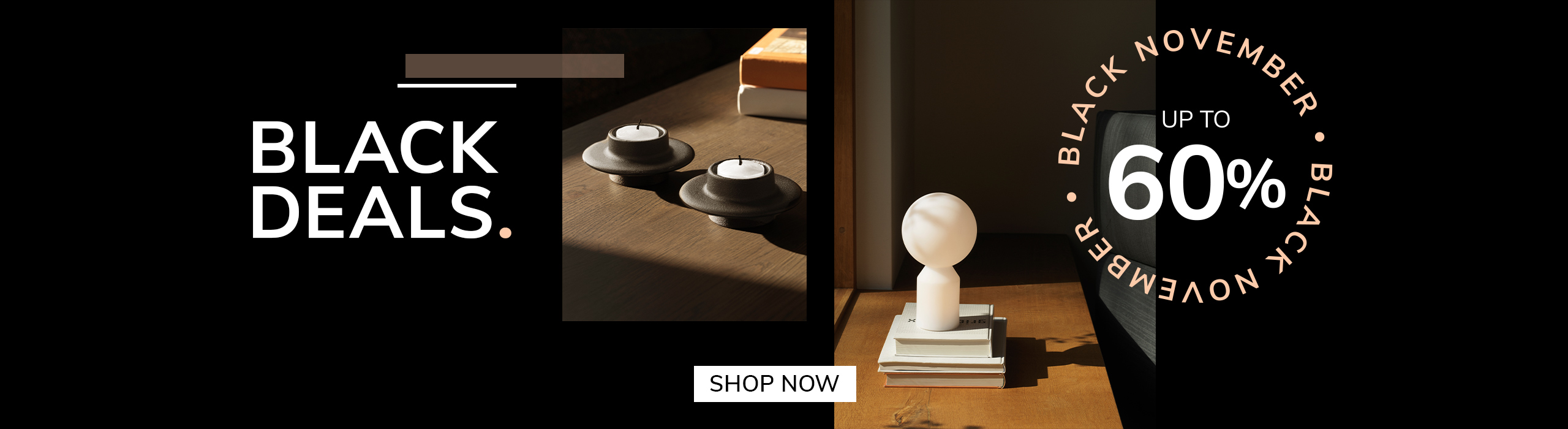 Elegant designer table lamp on natural stone base with gold stem and white shade, promoting Black November sale – up to 40% off with text ‘First Black Deals’ and ‘Discover More’ button.