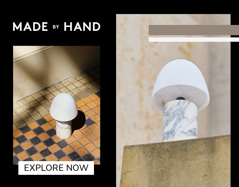 Explore now Made by Hand FUSE lamp with white dome shade and marble base shown in natural light on tiled and stone surfaces, with text ‘Explore Now’.