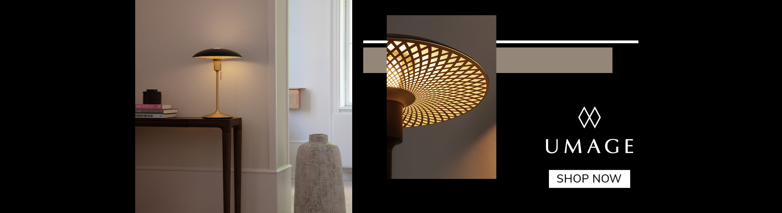 Shop now Elegant UMAGE table lamp with gold base and patterned shade on a wooden console table, softly illuminating a modern interior, with text ‘Shop Now’.