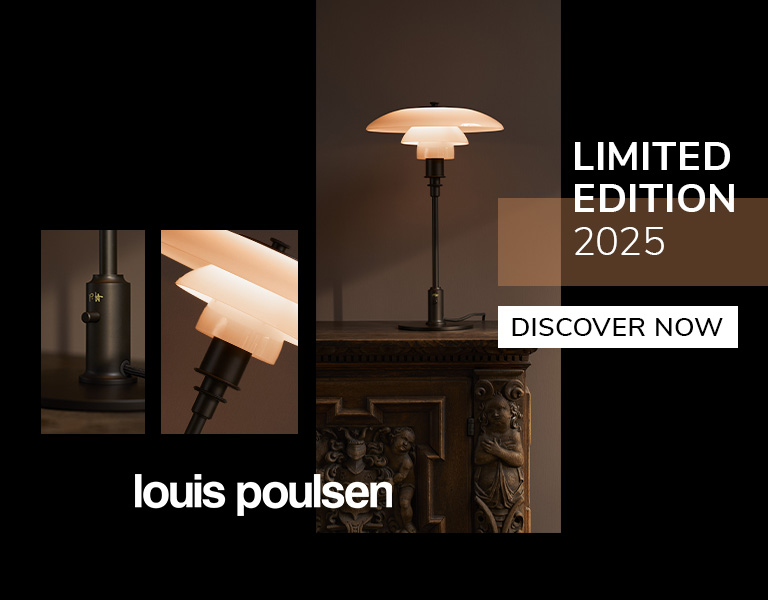 Discover now Warm-toned interior showcasing a Louis Poulsen table lamp on a carved wooden cabinet, promoting the 2025 limited edition lighting collection.
